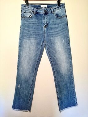 Risen Jeans Straight Leg Raw Hem Distressed Stretch Denim Size 15/32